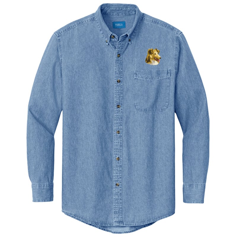 Shetland Sheepdog Embroidered Men's Denim Shirt