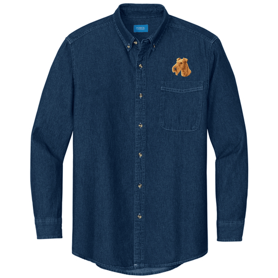 Irish Terrier Embroidered Men's Denim Shirt