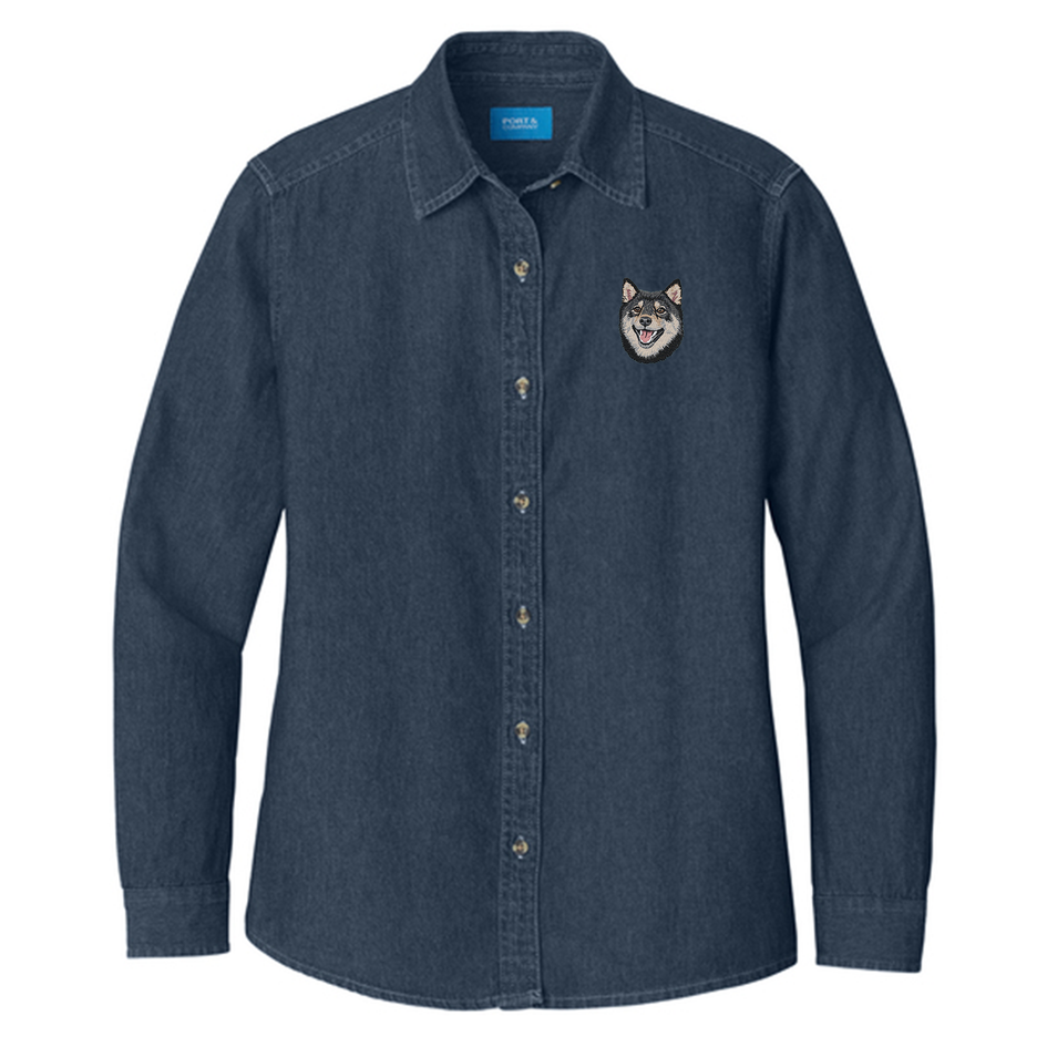 Shiba Inu Embroidered Women's Denim Shirt