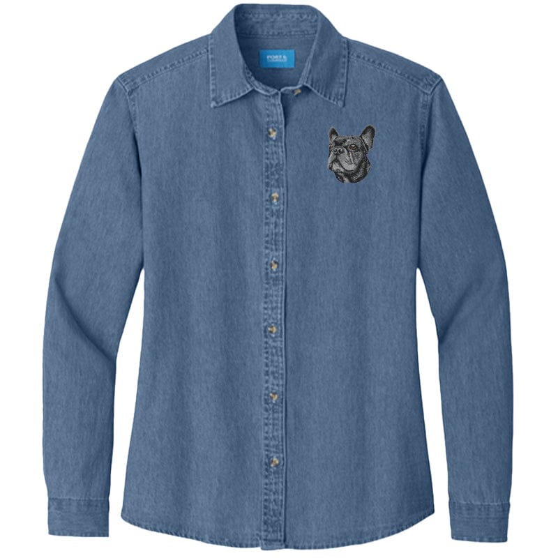 French Bulldog Embroidered Women's Denim Shirt