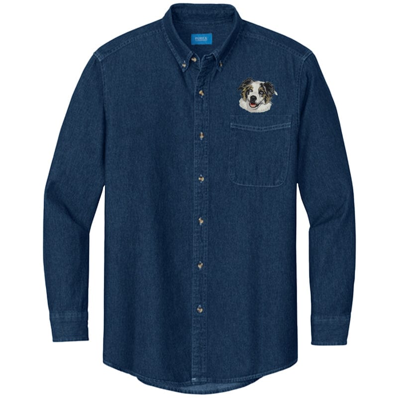 Australian Shepherd Embroidered Men's Denim Shirt