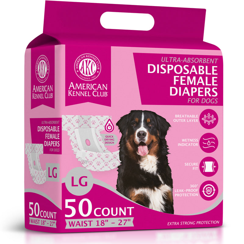 American Kennel Club Female Dog Wrap, Disposable Diapers with Wetness Indicator (L – High Tail (18–27 in), 50, Count)