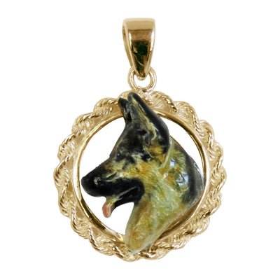 German Shepherd Dog Custom Enamel  in 14K Gold Classic Rope Pendant