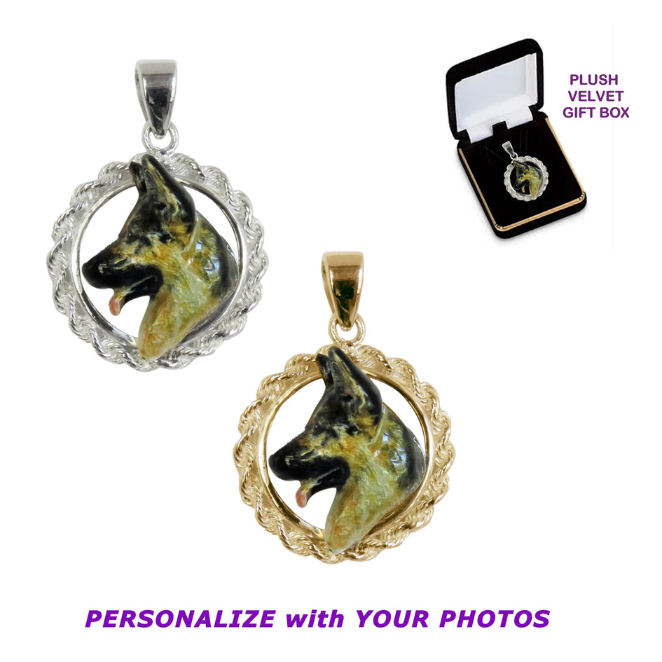 German Shepherd Dog Custom Enamel in 14K Gold Classic Rope Pendant
