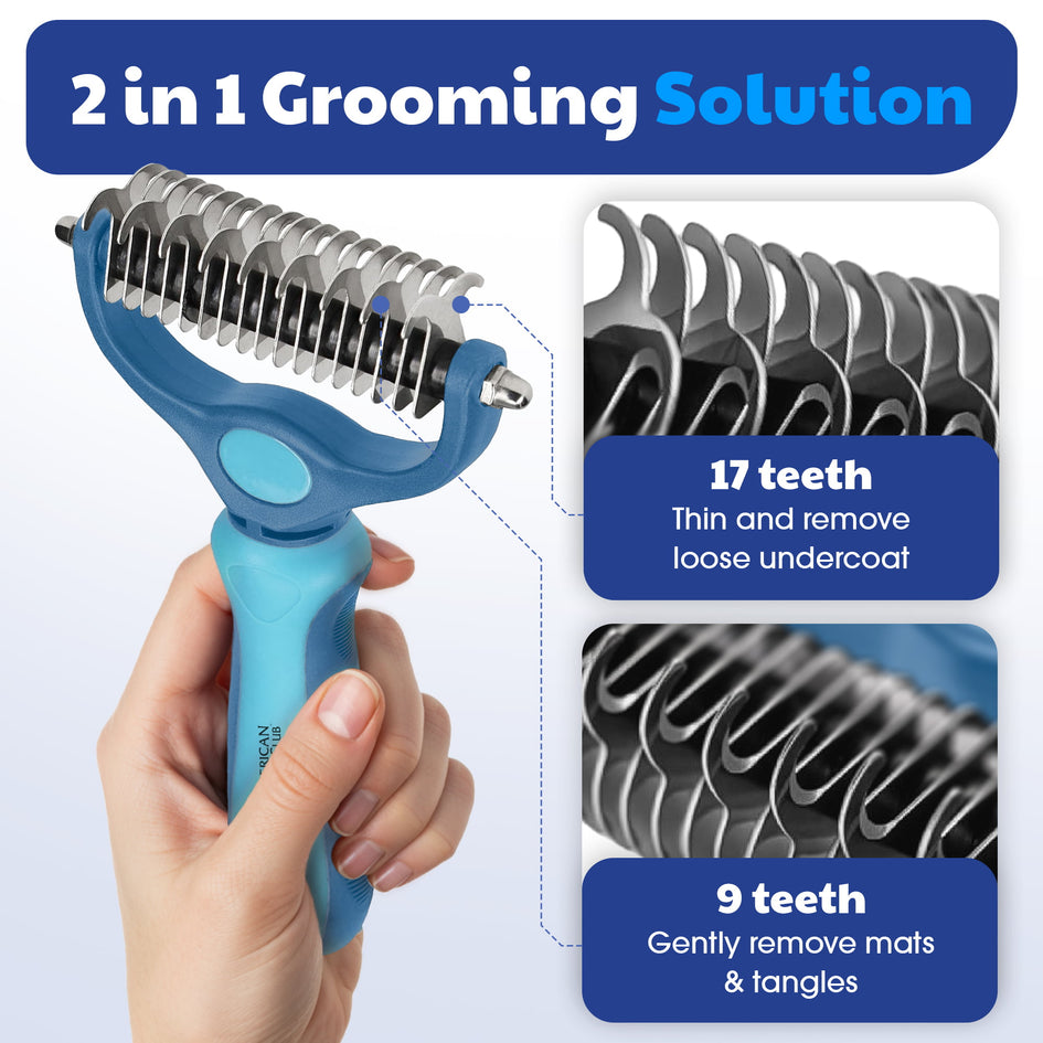AKC-Dog & Cat Detangle Rake Style Brush | Durable & Effective | Anti- Slip & Easy Maintenance | Portable & Easy to Use | Stainless Steel Blades & Safety Guard | Detangling and Dematting Comb for Pets