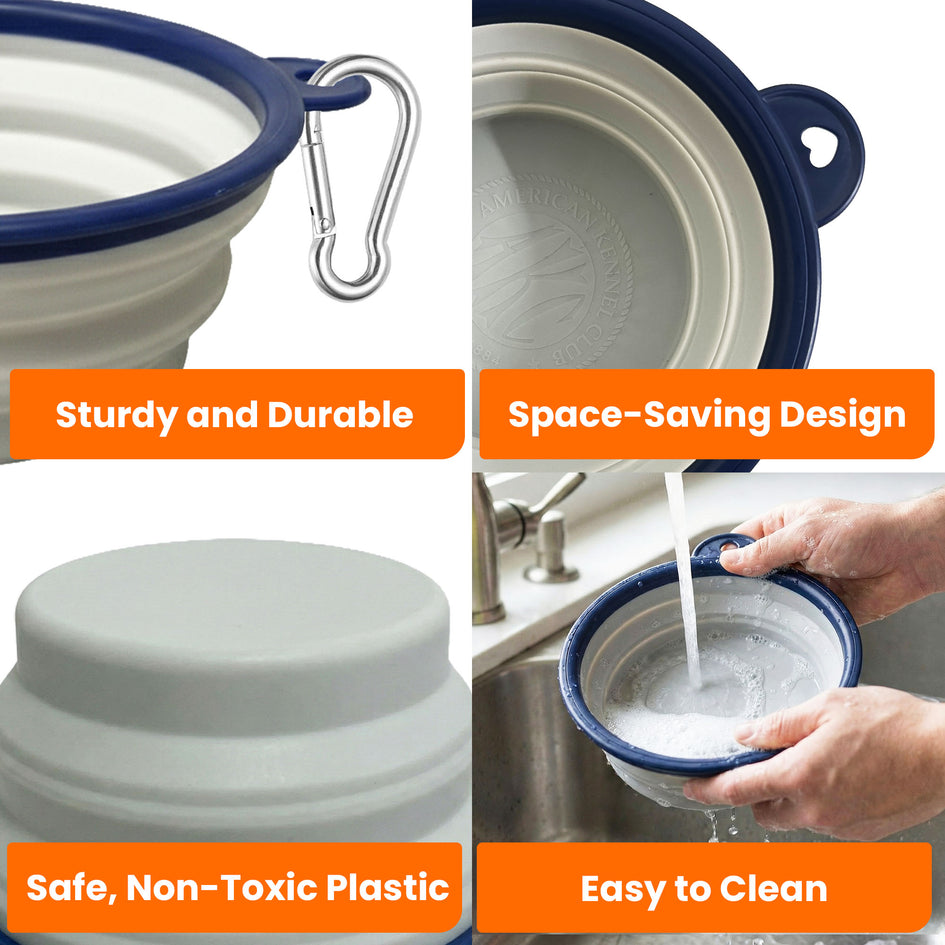 American Kennel Club 2-Pack Collapsible Travel Bowls for Dogs – Blue/Gray, Portable Food & Water Bowls