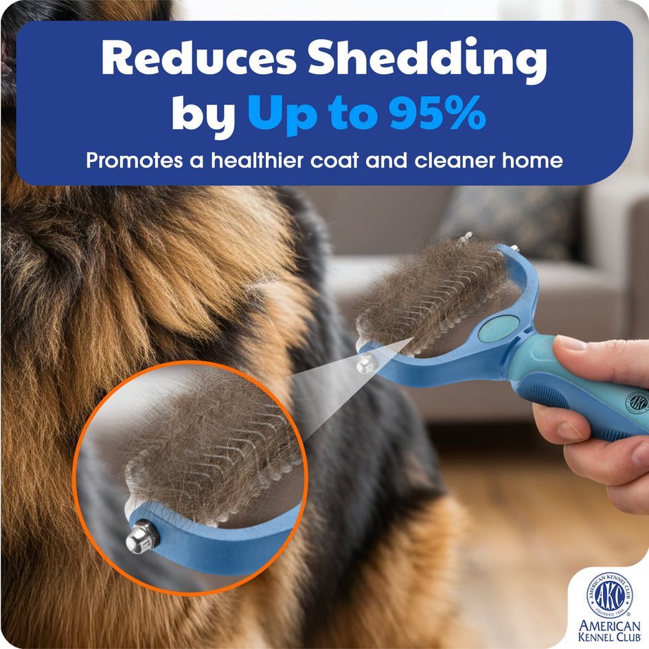AKC-Dog & Cat Detangle Rake Style Brush | Durable & Effective | Anti- Slip & Easy Maintenance | Portable & Easy to Use | Stainless Steel Blades & Safety Guard | Detangling and Dematting Comb for Pets