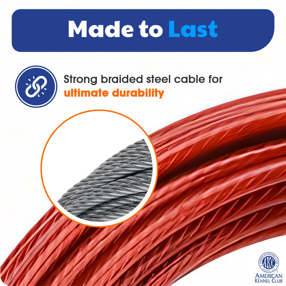 American Kennel Club Dog Tie Out Cable 20 Feet, 5mm Heavy Duty Vinyl Coated Dog Lead Up to 110 lbs, Tangle-Free Runner, Rust-Free, Quick Release Swivel Clips, 360° Rotating Clasp, Red