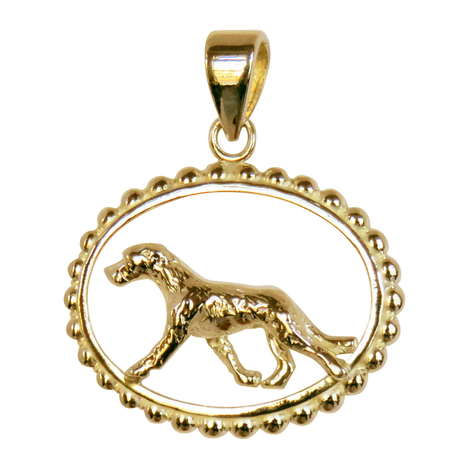 Irish Wolfhound  in 14K Gold Beaded Oval Pendant