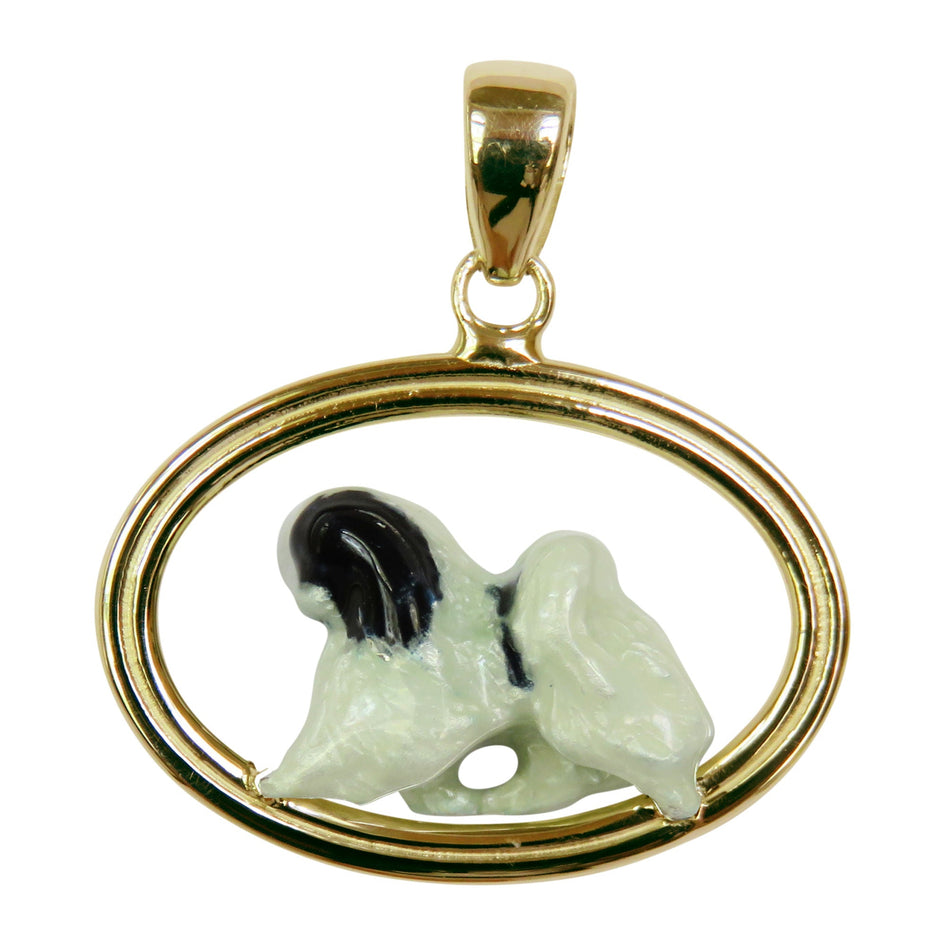 Japanese Chin Custom Enamel in 14K Gold Classic Oval Pendant