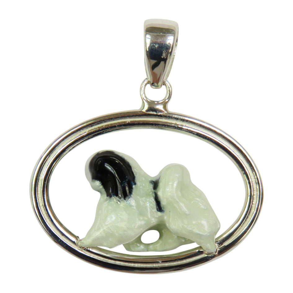 Japanese Chin Custom Enamel in Sterling Silver Classic Oval Pendant