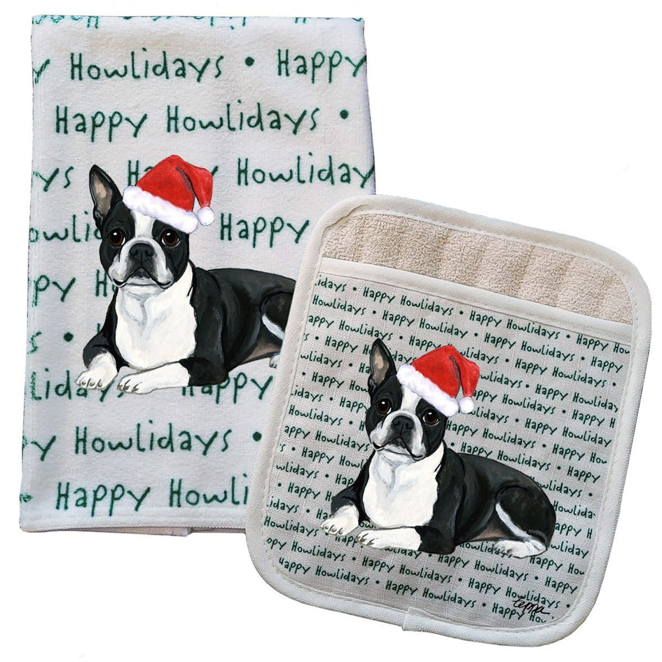 Boston Terrier Lying Kitchen Towel & Pot Holder Textile Set