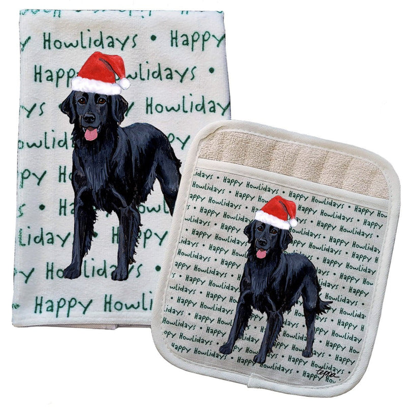 Flat-Coated Retriever Kitchen Towel & Pocket Mitt Set