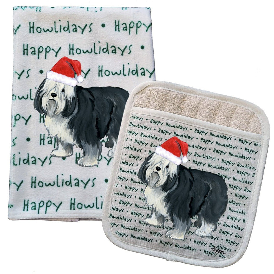 Polish Lowland Sheepdog Kitchen Towel & Pot Holder Textile Set