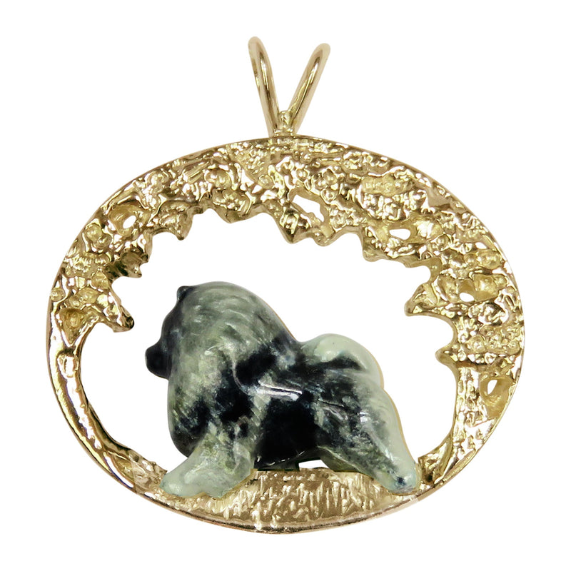 Keeshond Enamel in 14K Gold Elegant Scene Pendant