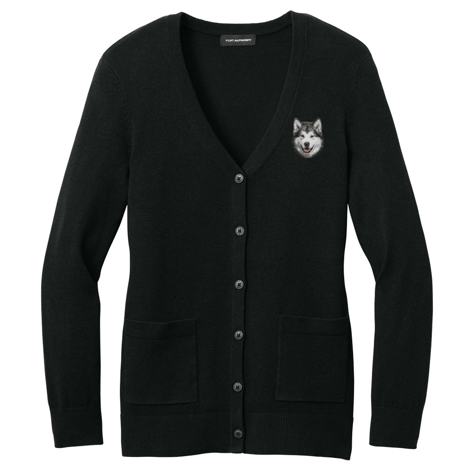Alaskan Malamute Embroidered Button-Up Cardigan Sweater