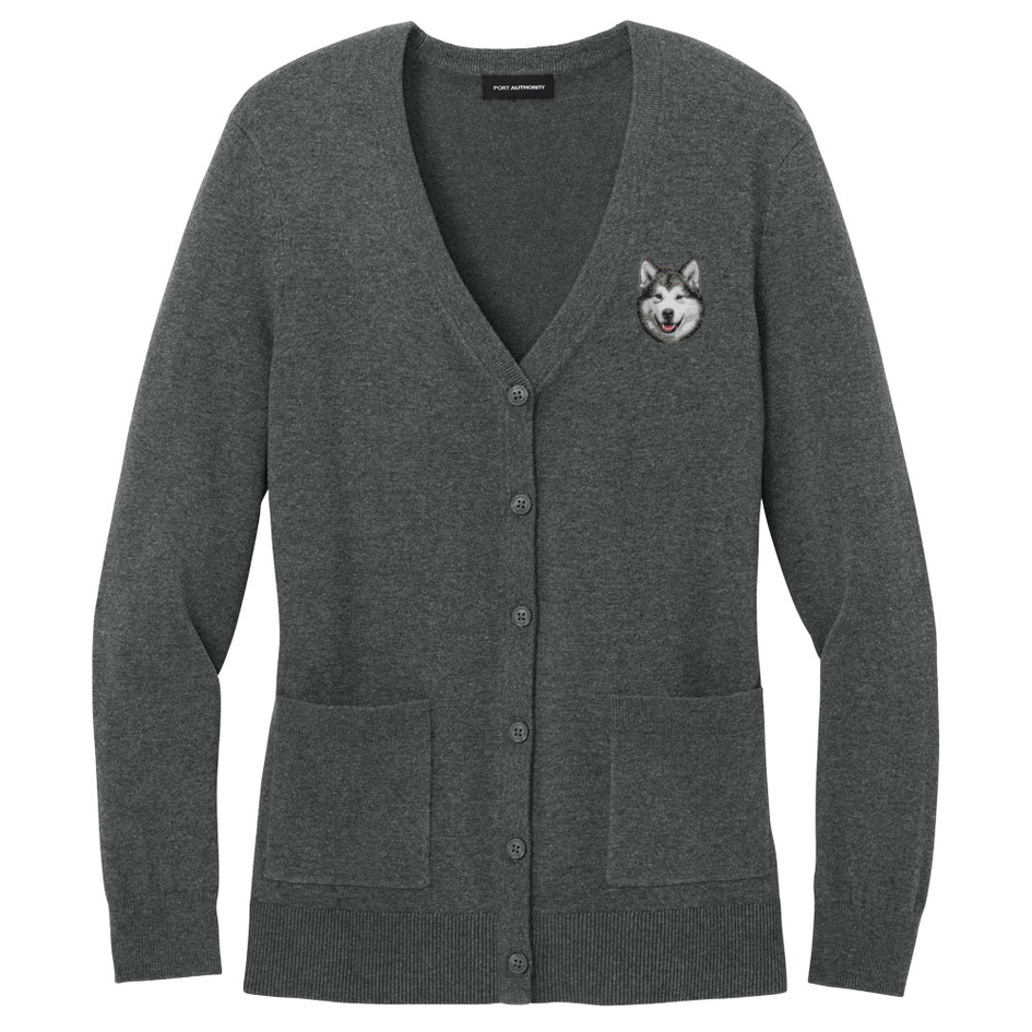 Alaskan Malamute Embroidered Button-Up Cardigan Sweater