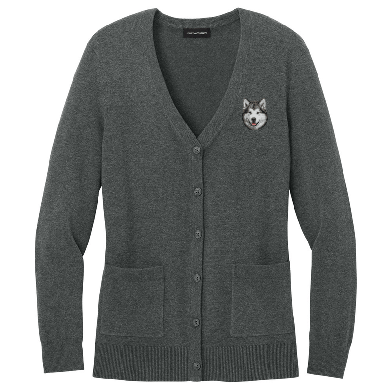 Alaskan Malamute Embroidered Button-Up Cardigan Sweater
