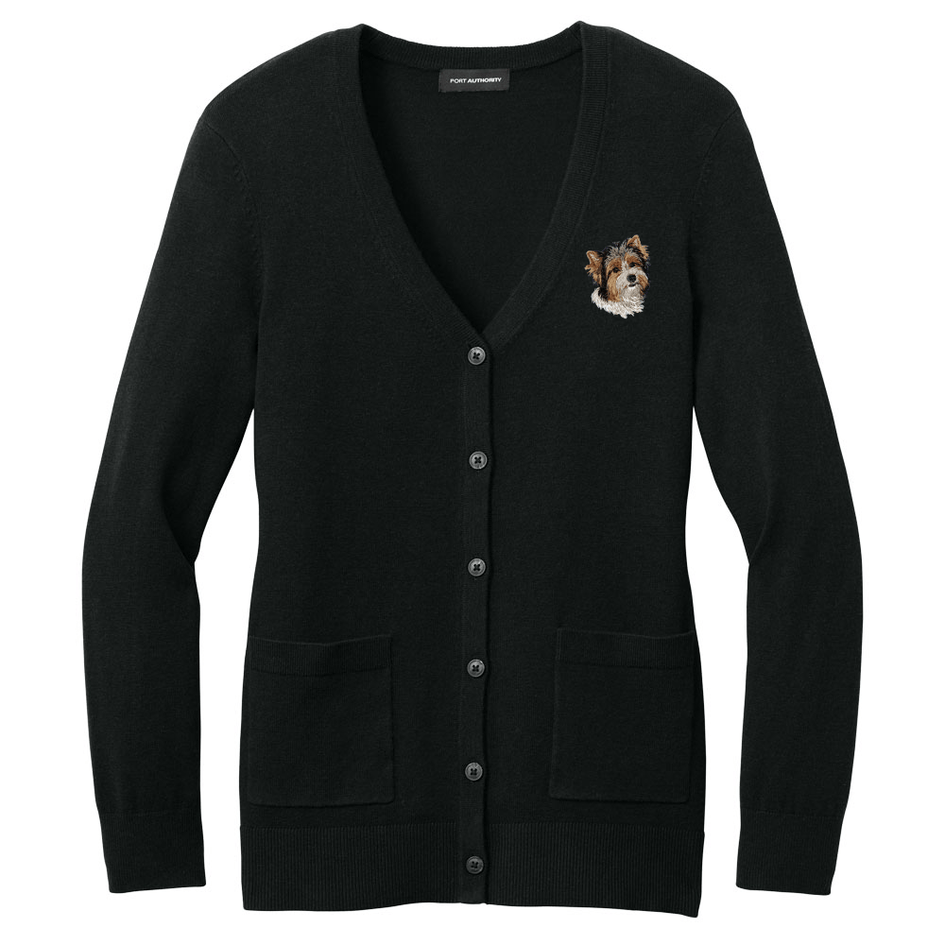 Biewer Terrier Embroidered Button-Up Cardigan Sweater