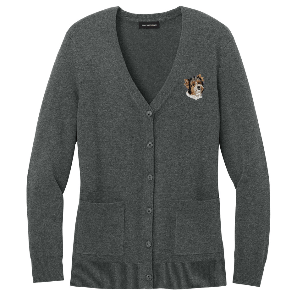 Biewer Terrier Embroidered Button-Up Cardigan Sweater