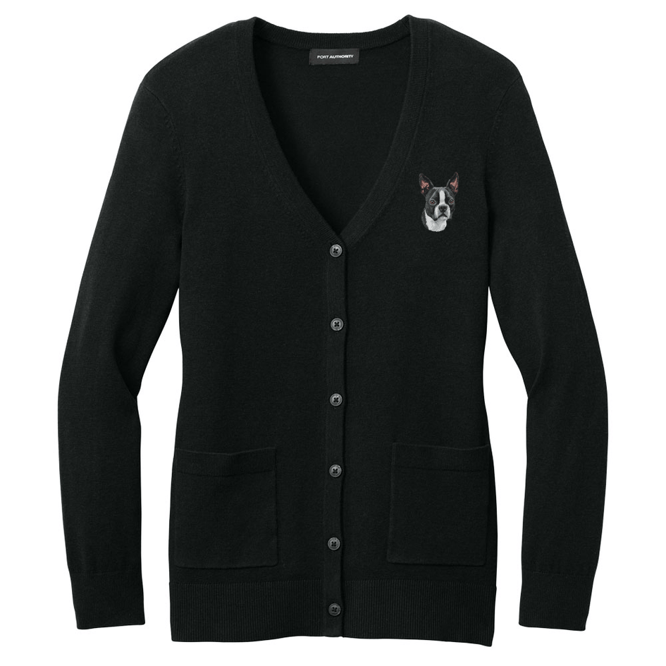 Boston Terrier Embroidered Button-Up Cardigan Sweater