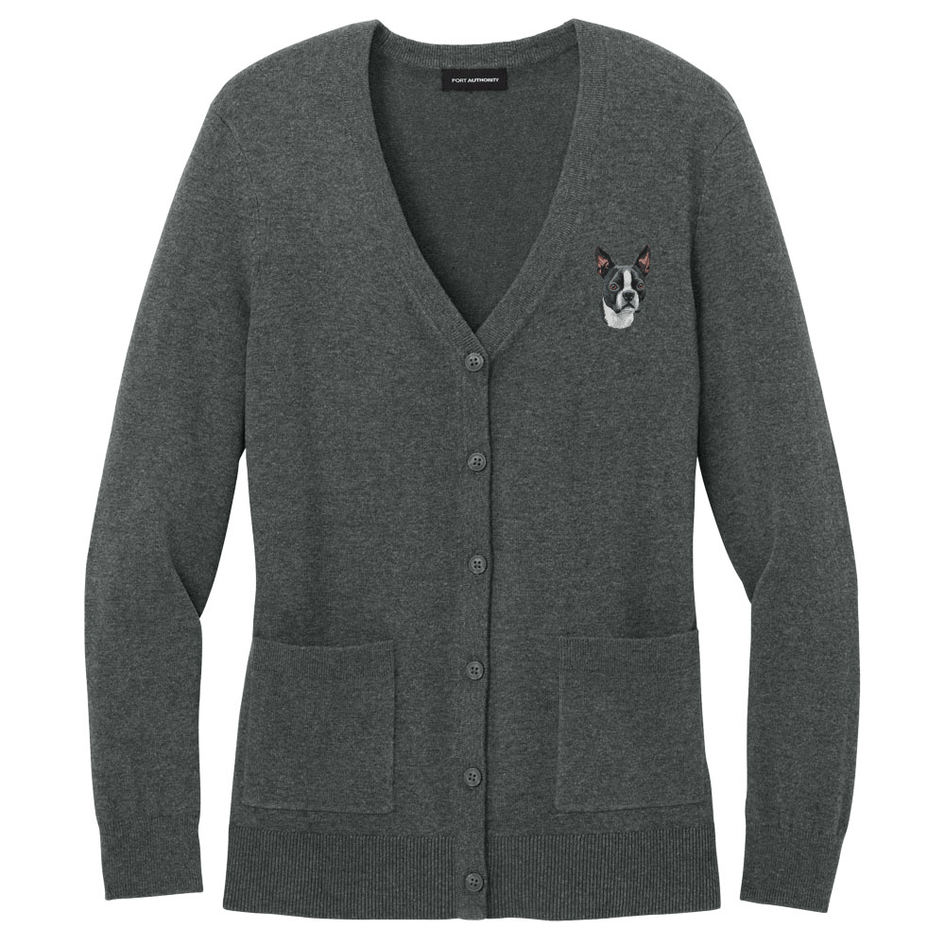Boston Terrier Embroidered Button-Up Cardigan Sweater