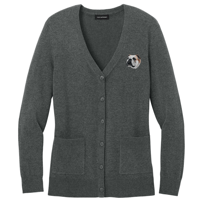 Bulldog Embroidered Button-Up Cardigan Sweater