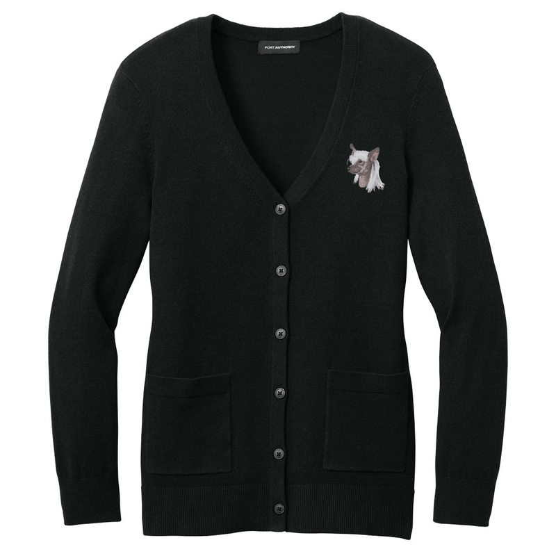 Chinese Crested Embroidered Button-Up Cardigan Sweater