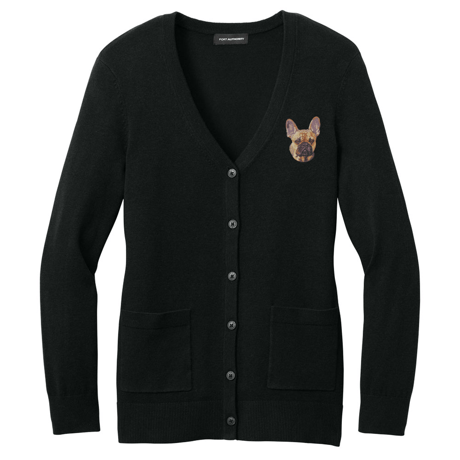 French Bulldog Embroidered Button-Up Cardigan Sweater