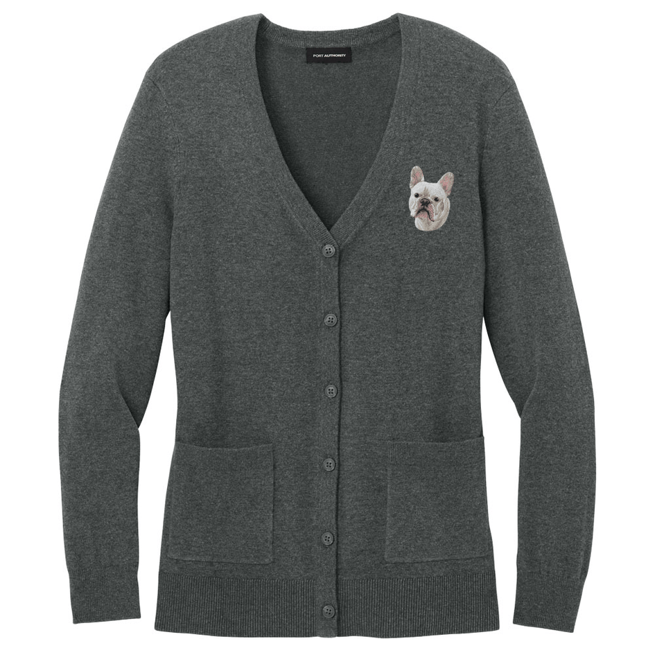 French Bulldog Embroidered Button-Up Cardigan Sweater