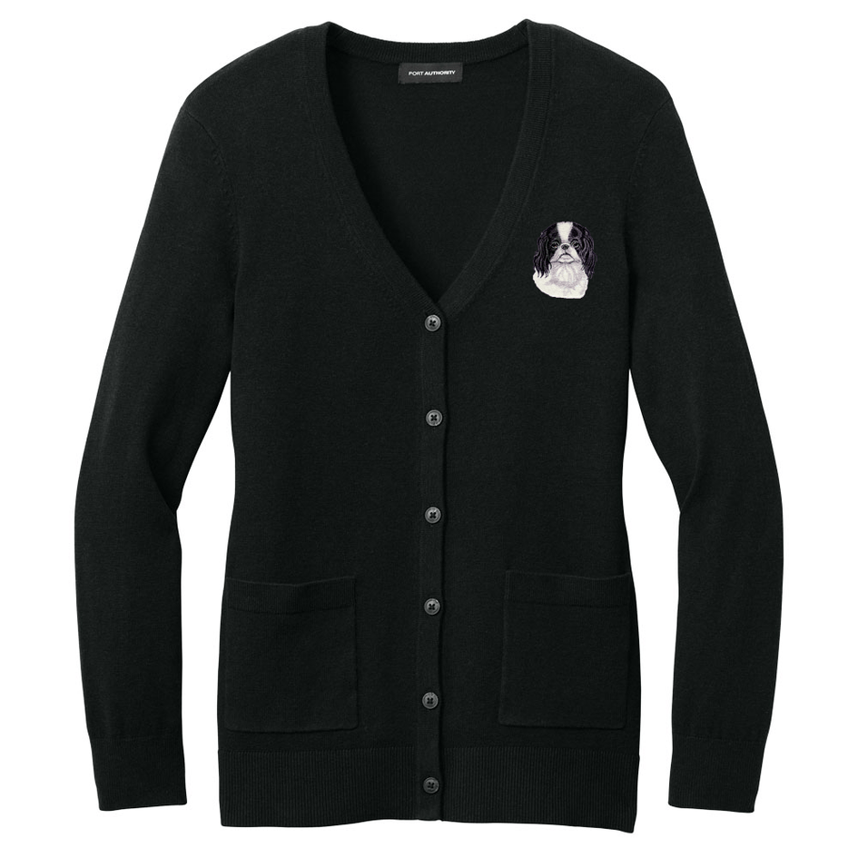 Japanese Chin Embroidered Button-Up Cardigan Sweater