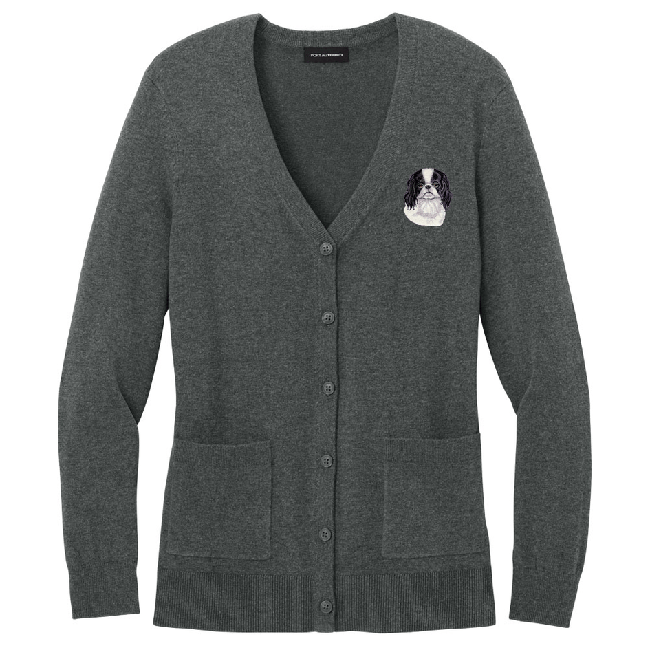 Japanese Chin Embroidered Button-Up Cardigan Sweater