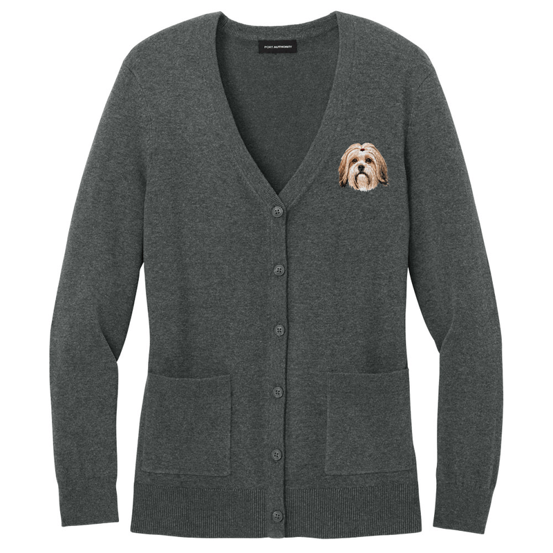 Lhasa Apso Embroidered Button-Up Cardigan Sweater