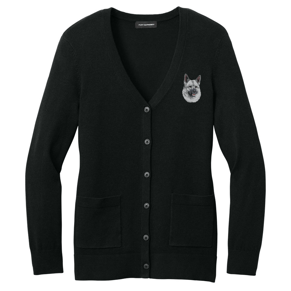 Norwegian Elkhound Embroidered Button-Up Cardigan Sweater