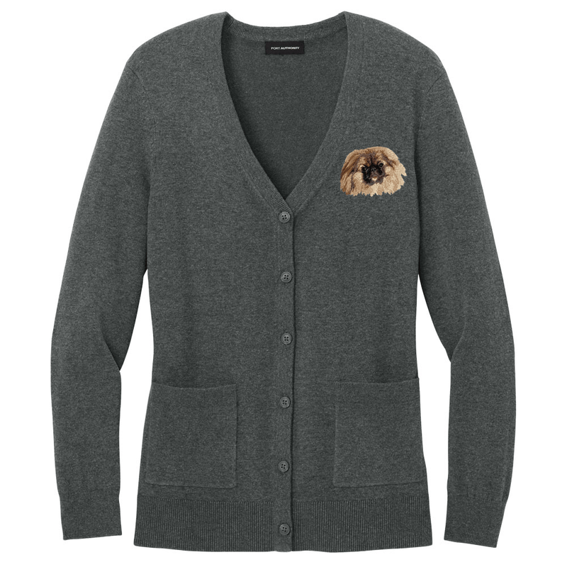 Pekingese Embroidered Button-Up Cardigan Sweater