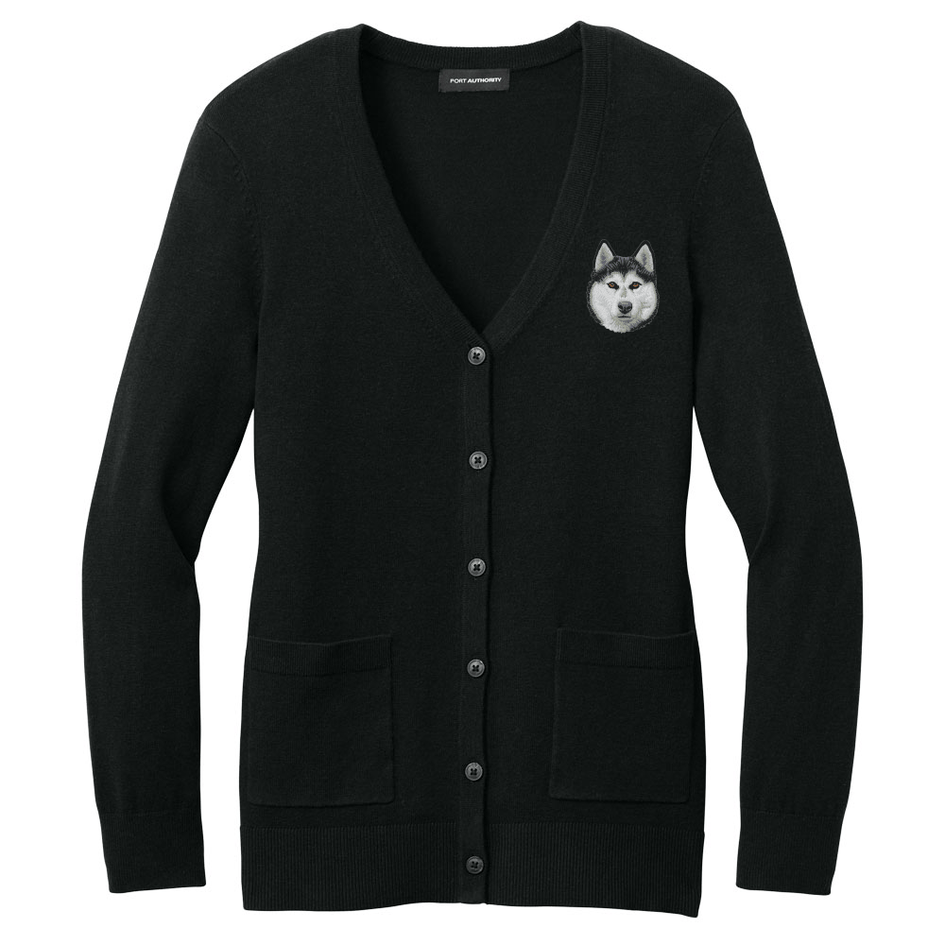 Siberian Husky Embroidered Button-Up Cardigan Sweater