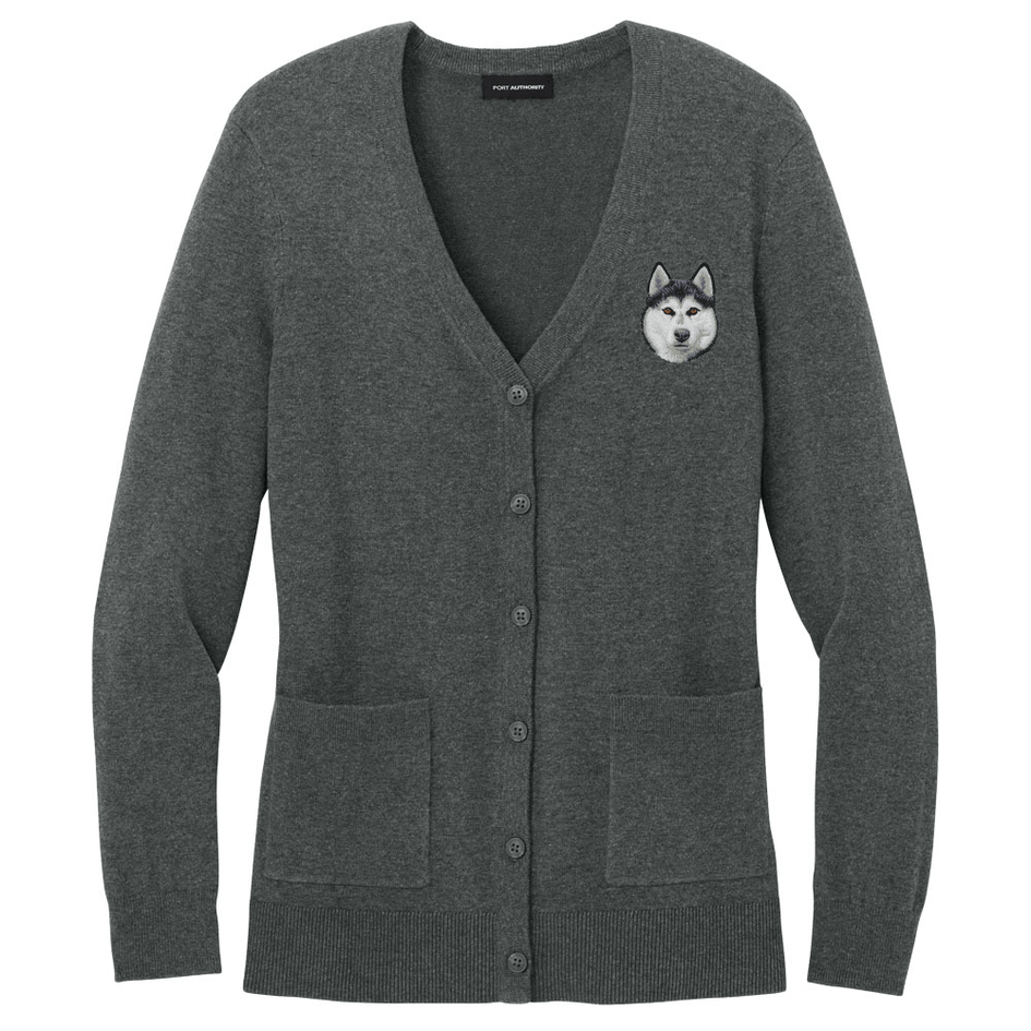 Siberian Husky Embroidered Button-Up Cardigan Sweater