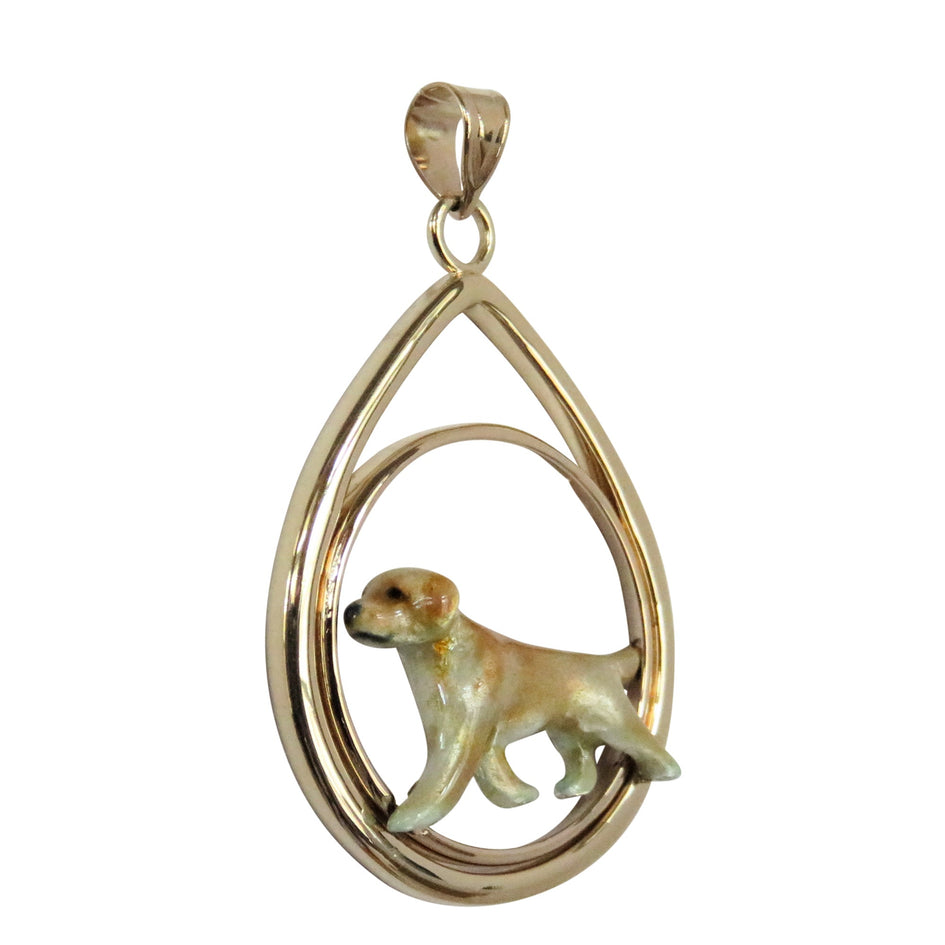 Custom Enamel Labrador in 14K Gold Teardrop Pendant