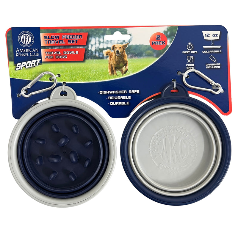 American Kennel Club 2-Pack Collapsible Travel Bowls for Dogs – Blue/Gray, Portable Food & Water Bowls