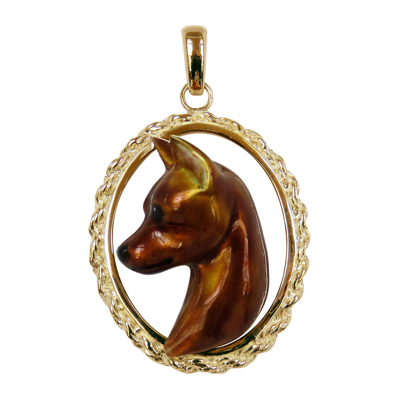 Miniature Pinscher Custom Enamel in 14K Gold Oval Rope Pendant