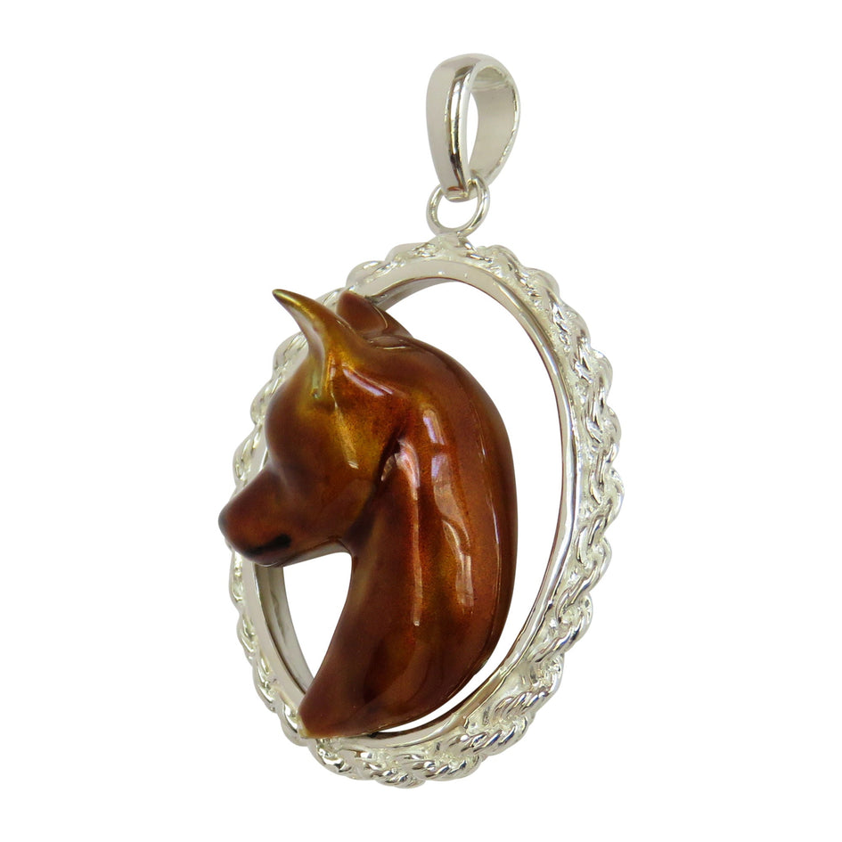 Miniature Pinscher Custom Enamel in Sterling Silver Oval Rope Pendant