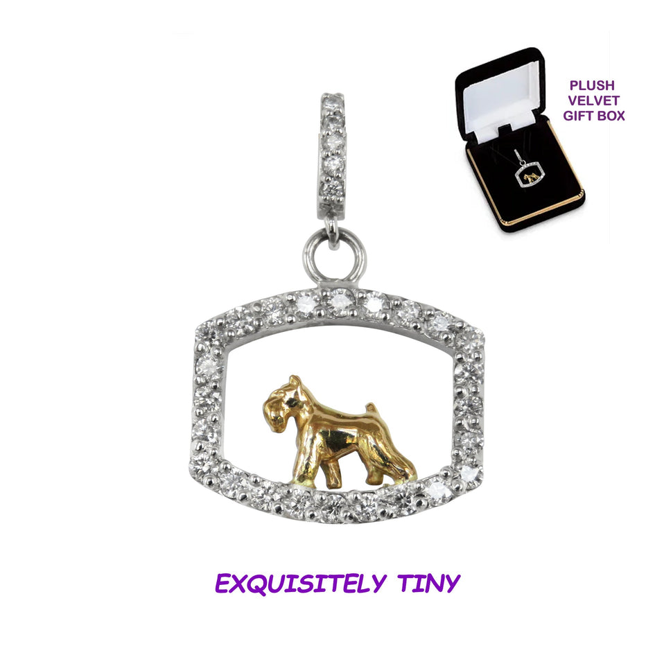 Miniature Schnauzer 14K Gold in Exquisite Tiny Genuine Diamond Frame Pendant