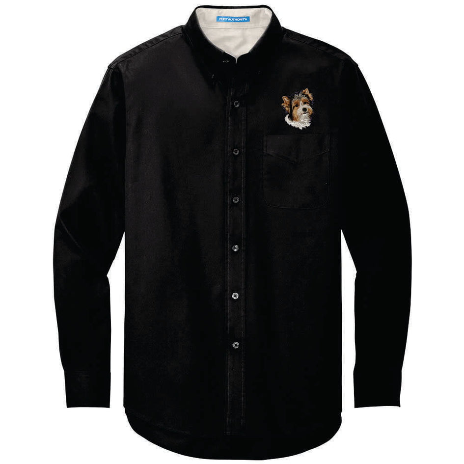 Biewer Terrier Embroidered Long Sleeve Button Up Shirt