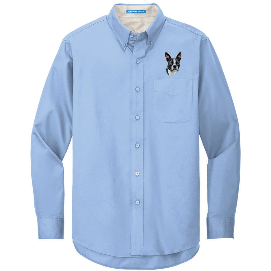 Boston Terrier Embroidered Long Sleeve Button Up Shirt