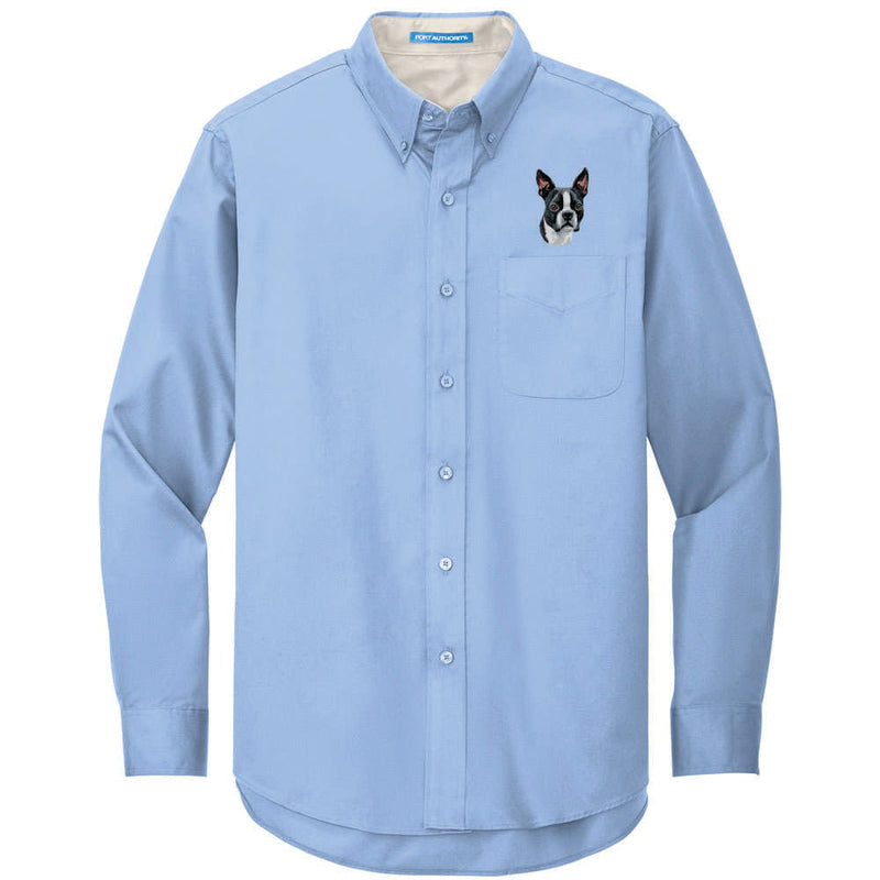 Boston Terrier Embroidered Long Sleeve Button Up Shirt