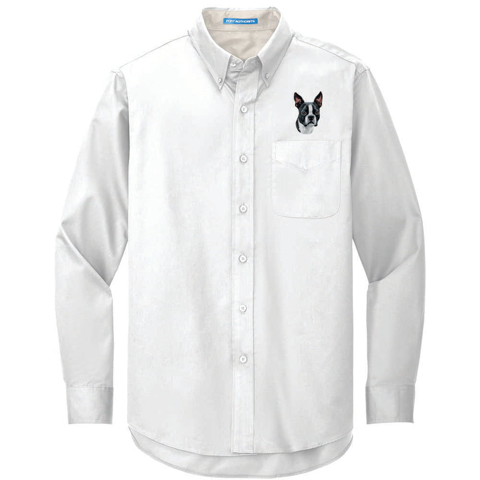 Boston Terrier Embroidered Long Sleeve Button Up Shirt