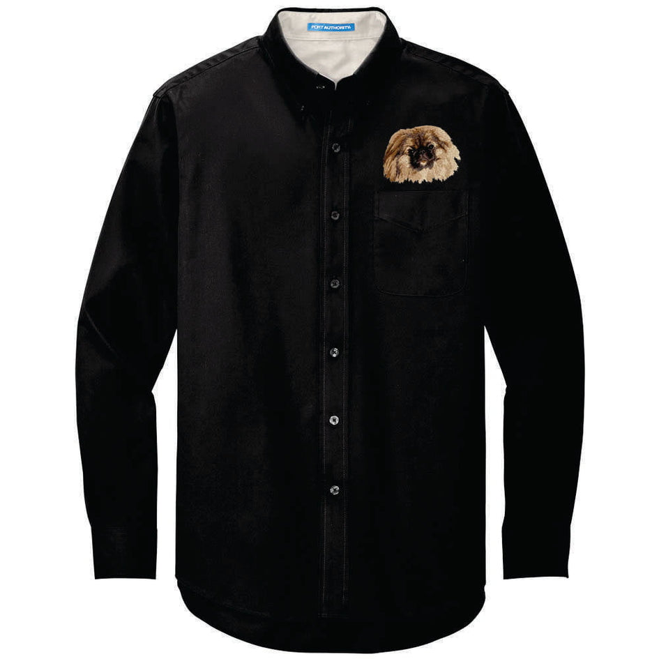 Pekingese Embroidered Long Sleeve Button Up Shirt