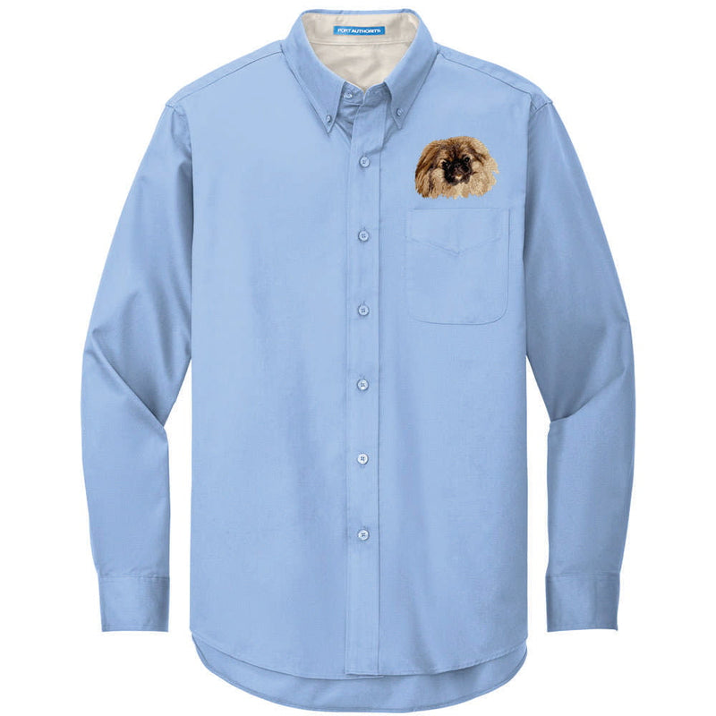 Pekingese Embroidered Long Sleeve Button Up Shirt