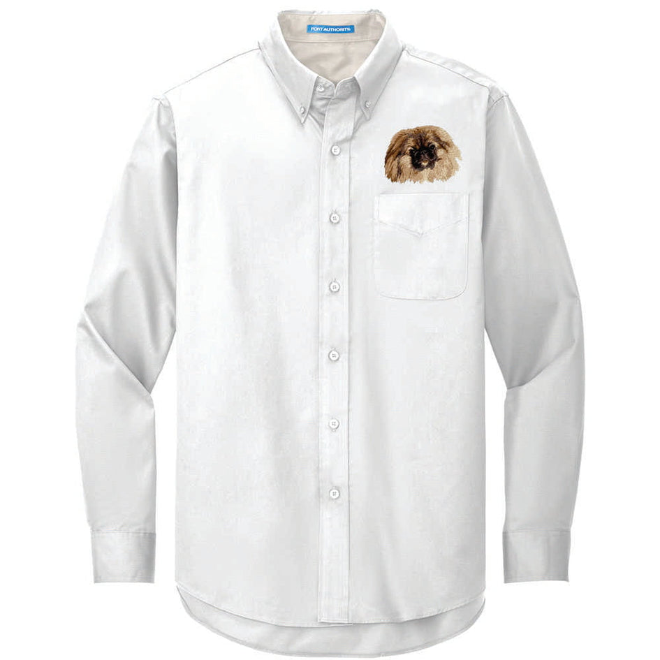 Pekingese Embroidered Long Sleeve Button Up Shirt