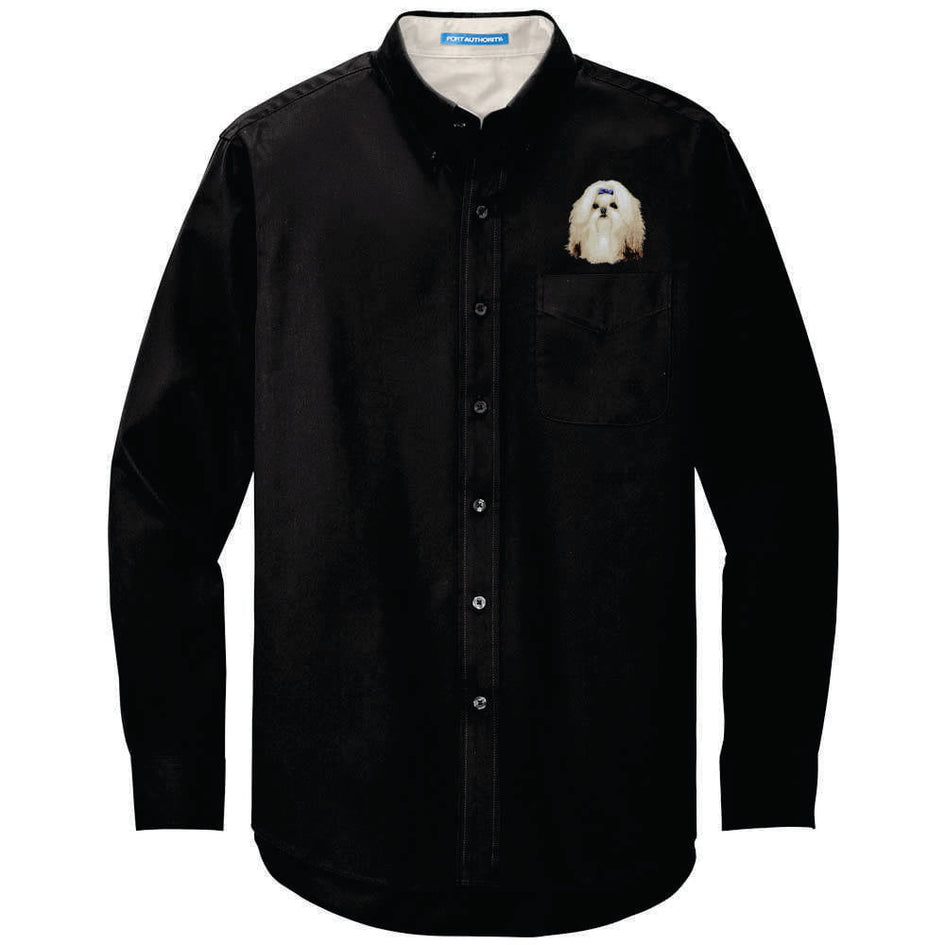 Shih Tzu Embroidered Long Sleeve Button Up Shirt